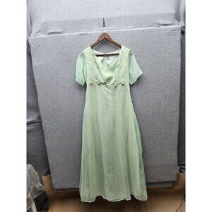 Vintage Mint Green Chiffon Gown With Pearl Details & Short Sleeves